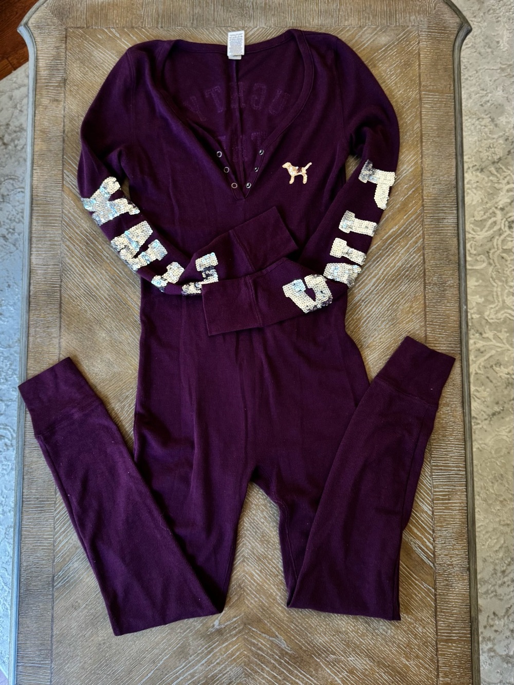 PINK Victoria's Secret Plum Long-Sleeve Sequin Logo Jumpsuit